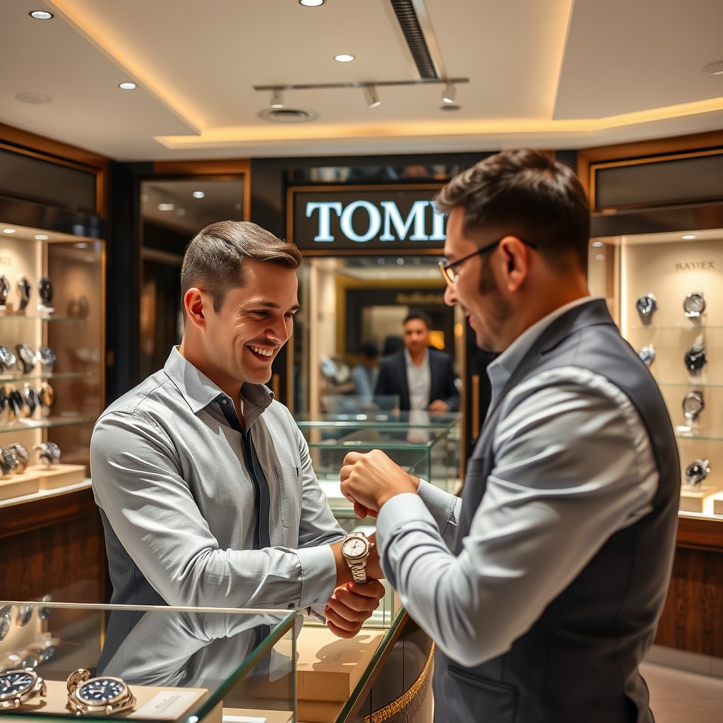 Inside a luxurious watch shop named Tomi, beautifully arranged with an elegant interior featuring premium watches displayed in glass cases