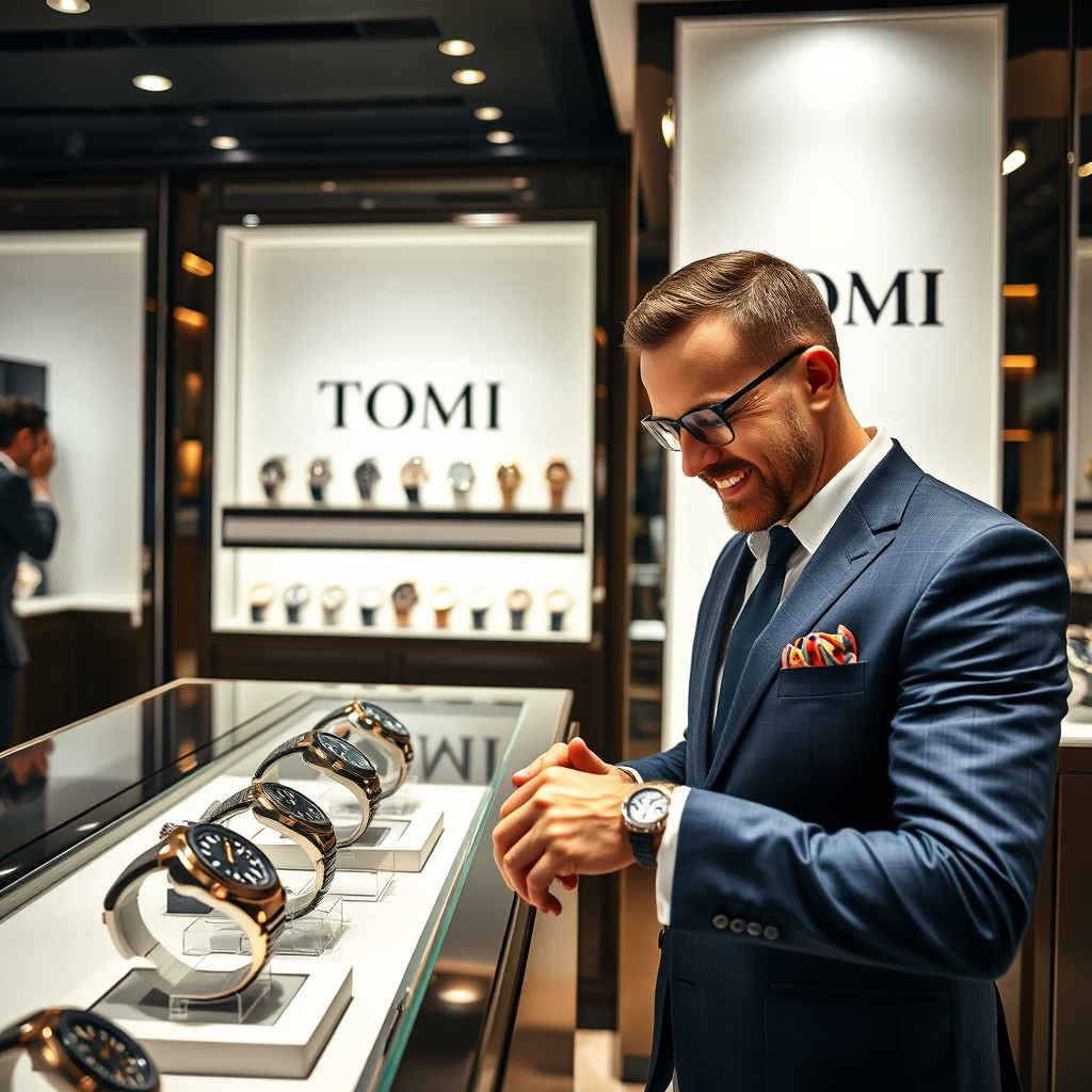 Inside a luxurious branded watch shop named 'Tomi', a stylishly dressed man named Tommy examines a selection of exquisite watches