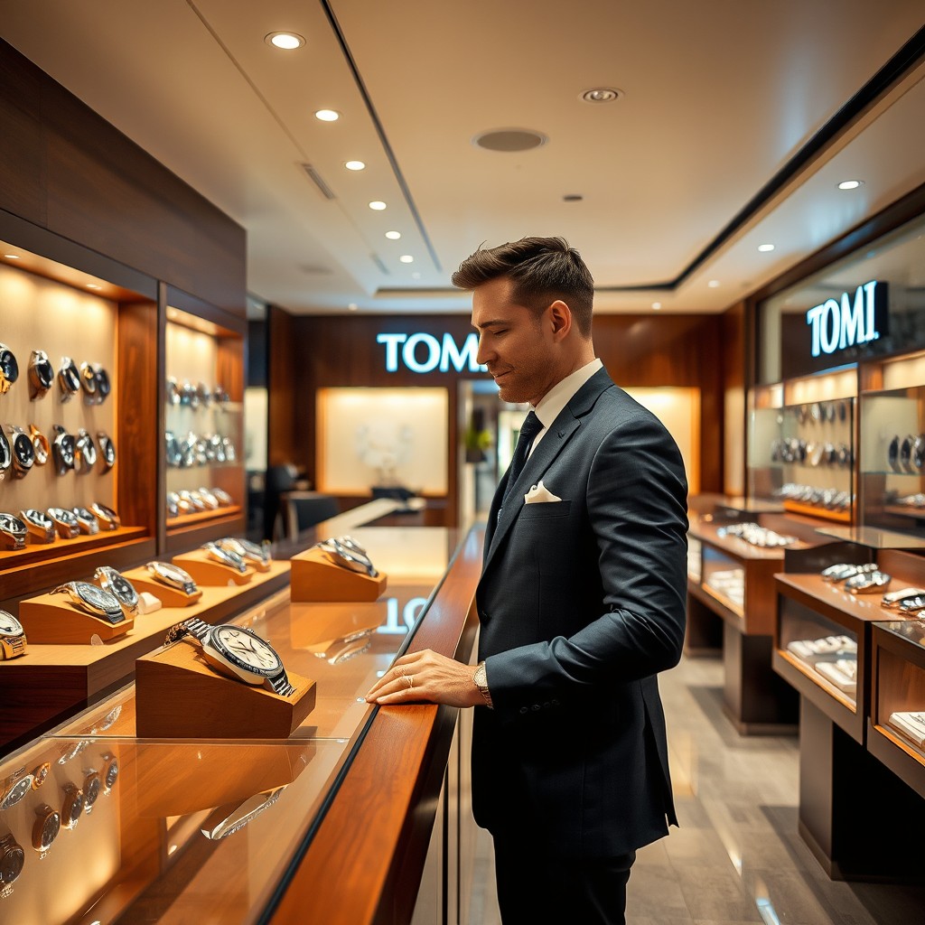 Inside a luxurious watch shop named 'Tomi', a well-dressed man named Tommy is standing at the counter, looking at a stunning collection of luxury watches