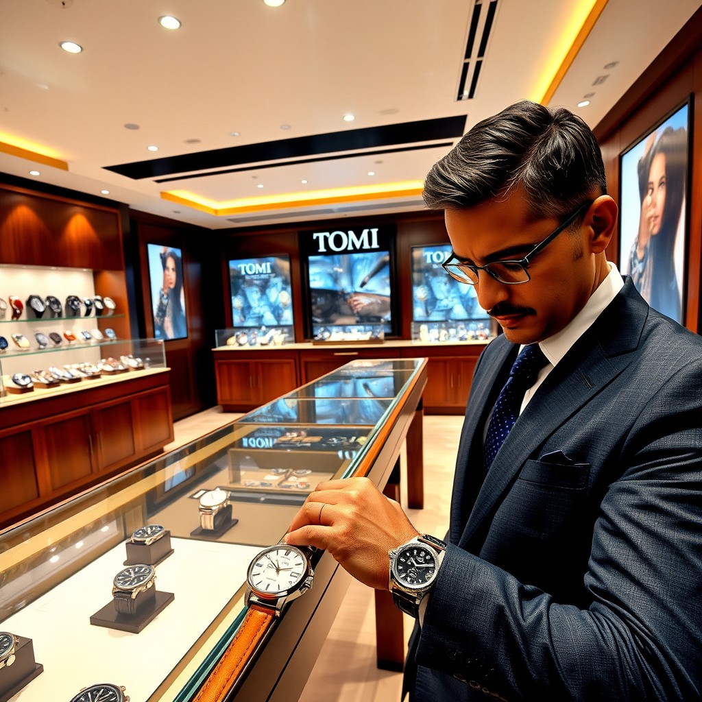 A spacious, luxurious branded watch shop named 'Tomi', showcasing a wide array of elegant watches