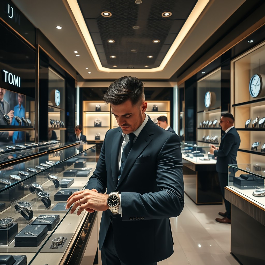 Inside a lavish watch shop named 'Tomi', a stylish man named Tommy is browsing the selection of luxury watches