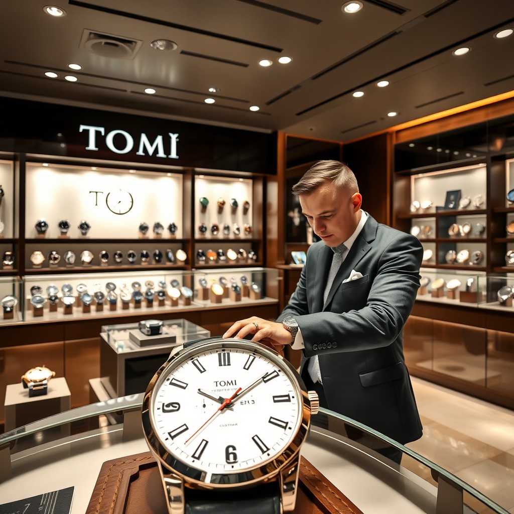 A large, upscale watch shop named 'Tomi', showcasing an array of luxury watches displayed elegantly