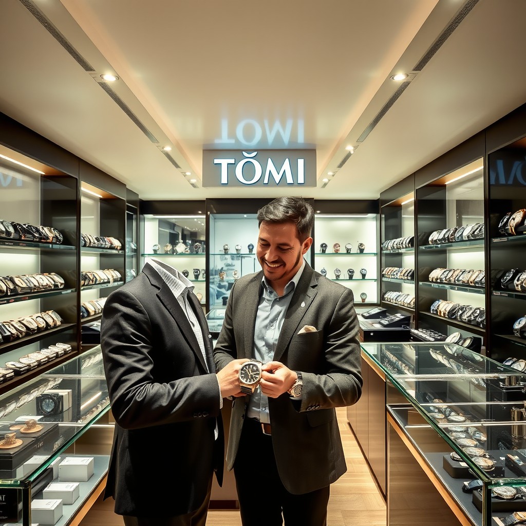 A spacious and modern watch shop named 'Tomi', filled with a variety of luxury watches displayed elegantly