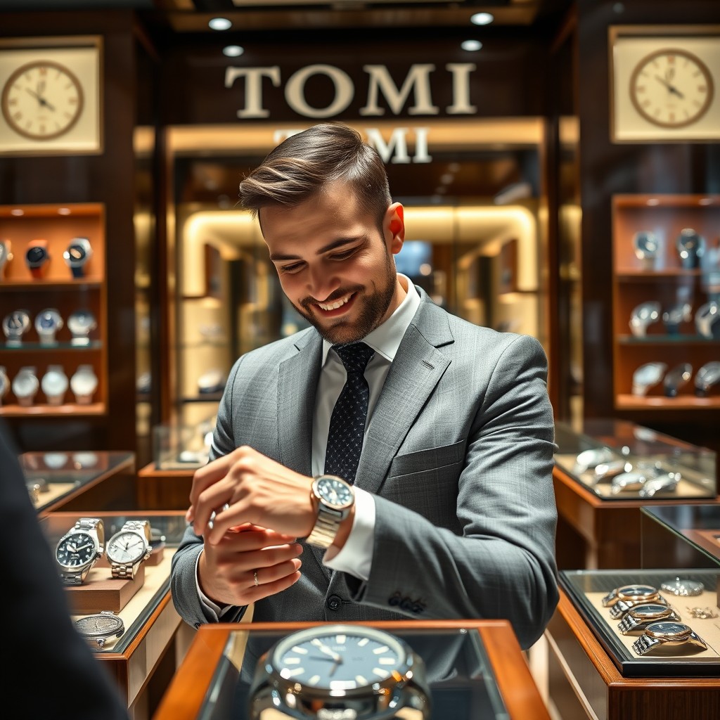 Inside a luxurious watch shop named 'Tomi', a well-dressed man named Tommy is examining a stylish watch