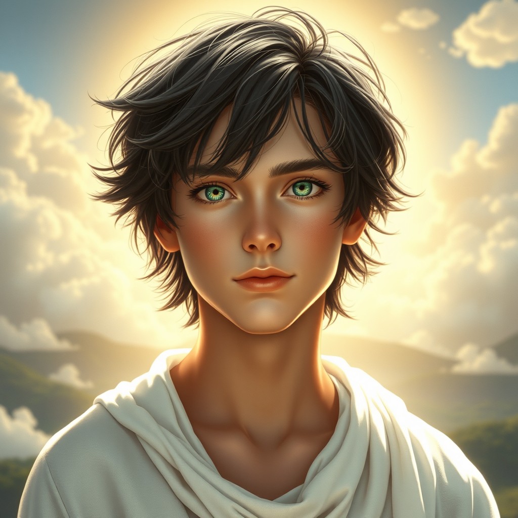 A stunningly handsome 19-year-old boy with striking green eyes, radiating an aura of divinity