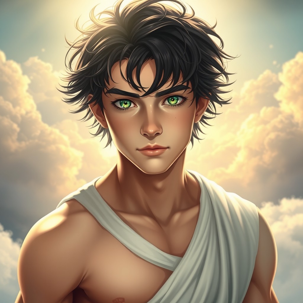 A stunningly handsome and muscular 19-year-old boy with striking green eyes, radiating an aura of divinity