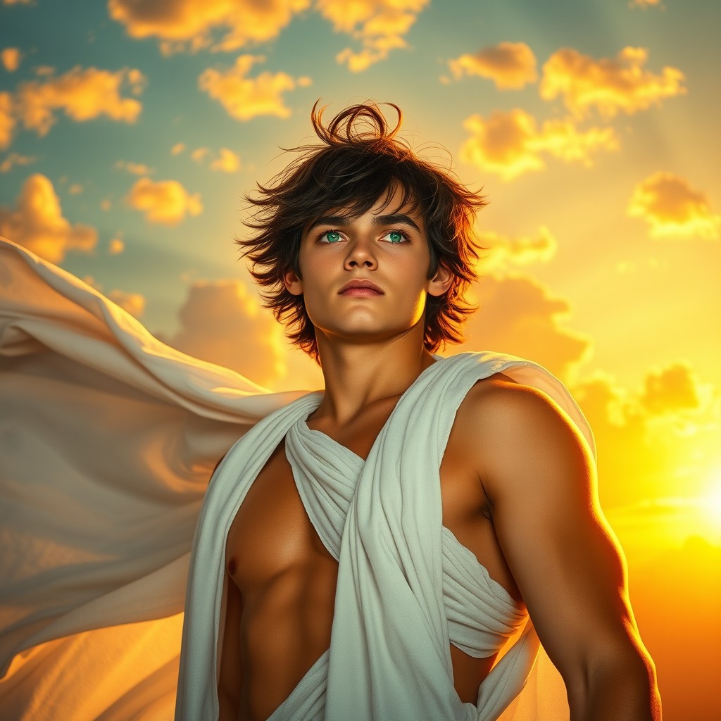 A strikingly handsome and muscular 19-year-old boy with vivid green eyes, radiating an aura of divinity as he ascends toward the sun