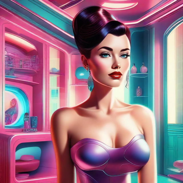 A hyperrealistic depiction of a beautiful woman inside a luxurious apartment, designed in a vivid retro-futuristic style.