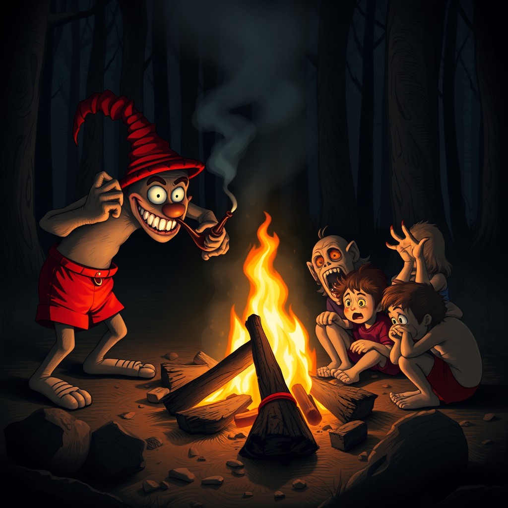A terrifying scene set around a campfire in a dark forest, featuring a Saci, a mythical creature wearing a red hat and red shorts, holding a smoking pipe