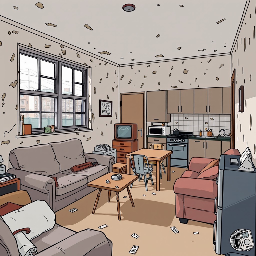 An illustration of the interior of a poor house in Glasgow in the 1990s, depicted in a 2D style with bold outlines emphasizing the design