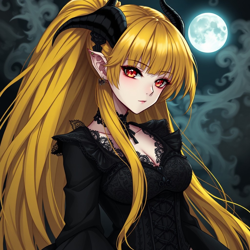 A striking anime depiction of a gothic succubus character with vibrant yellow hair cascading down her back, styled in long, flowing locks