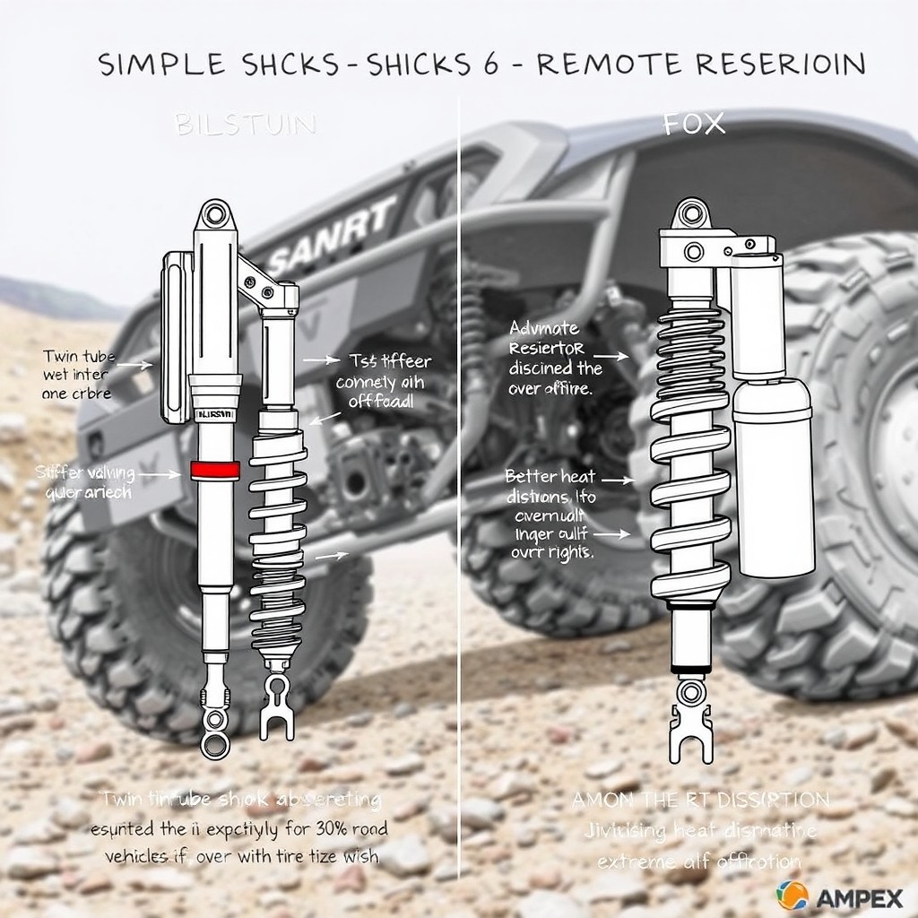 A detailed comparison sketch showcasing two types of shocks for a Jimny Suzuki: on one side, a twin-tube shock absorber by Bilstein, and on the other side, a remote-reservoir shock by Fox