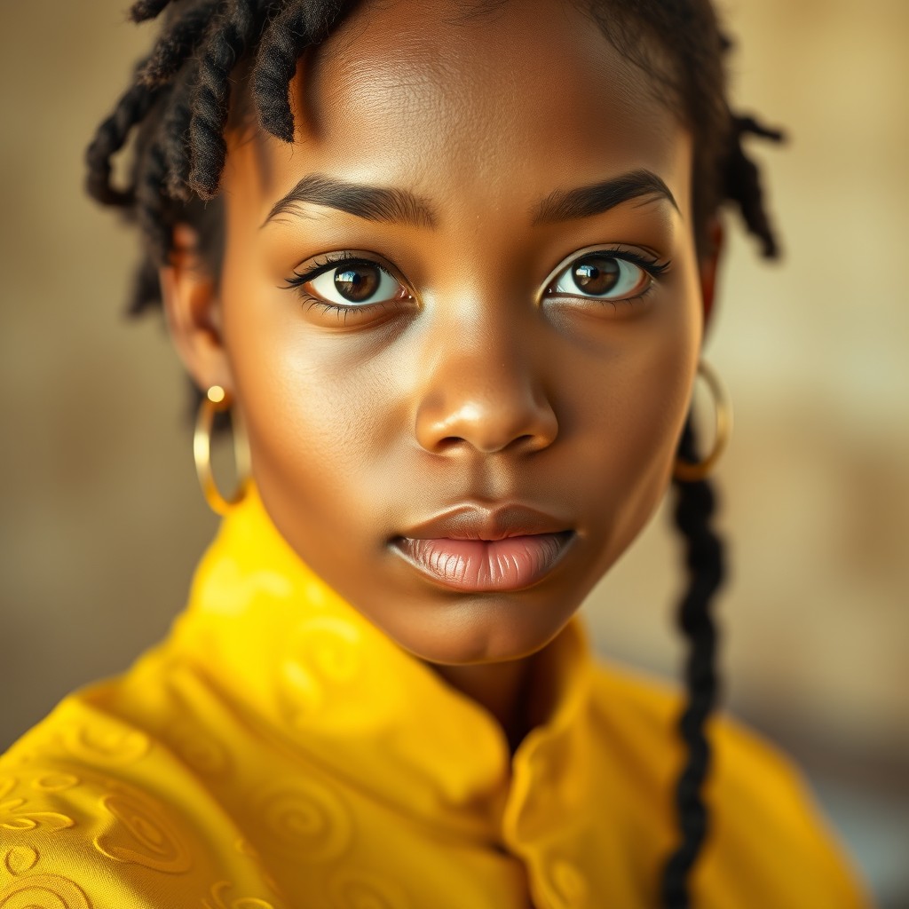 A close-up portrait featuring a person with a unique, vibrant yellow outfit, showcasing their charismatic facial features and expressive eyes