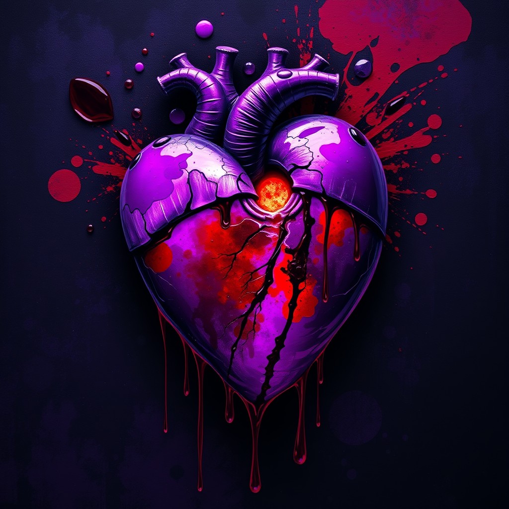 A vividly artistic representation of a bleeding purple heart, splattered with rich shades of purple and crimson red, symbolizing both passion and pain