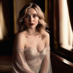 A high-quality digital art piece presents Elizabeth Olsen in a sensual yet tasteful setting