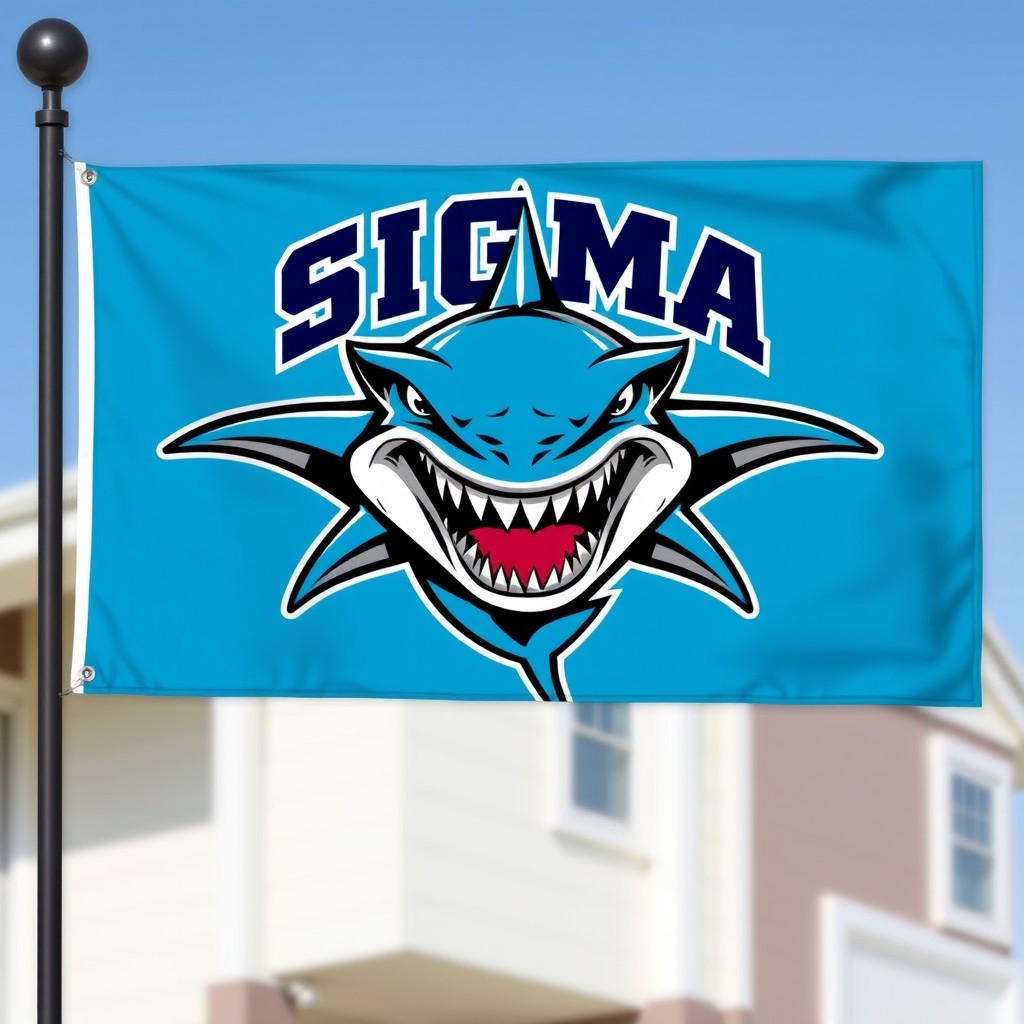 A sport house flag featuring a strong and fierce shark in the center, symbolizing strength and fierceness