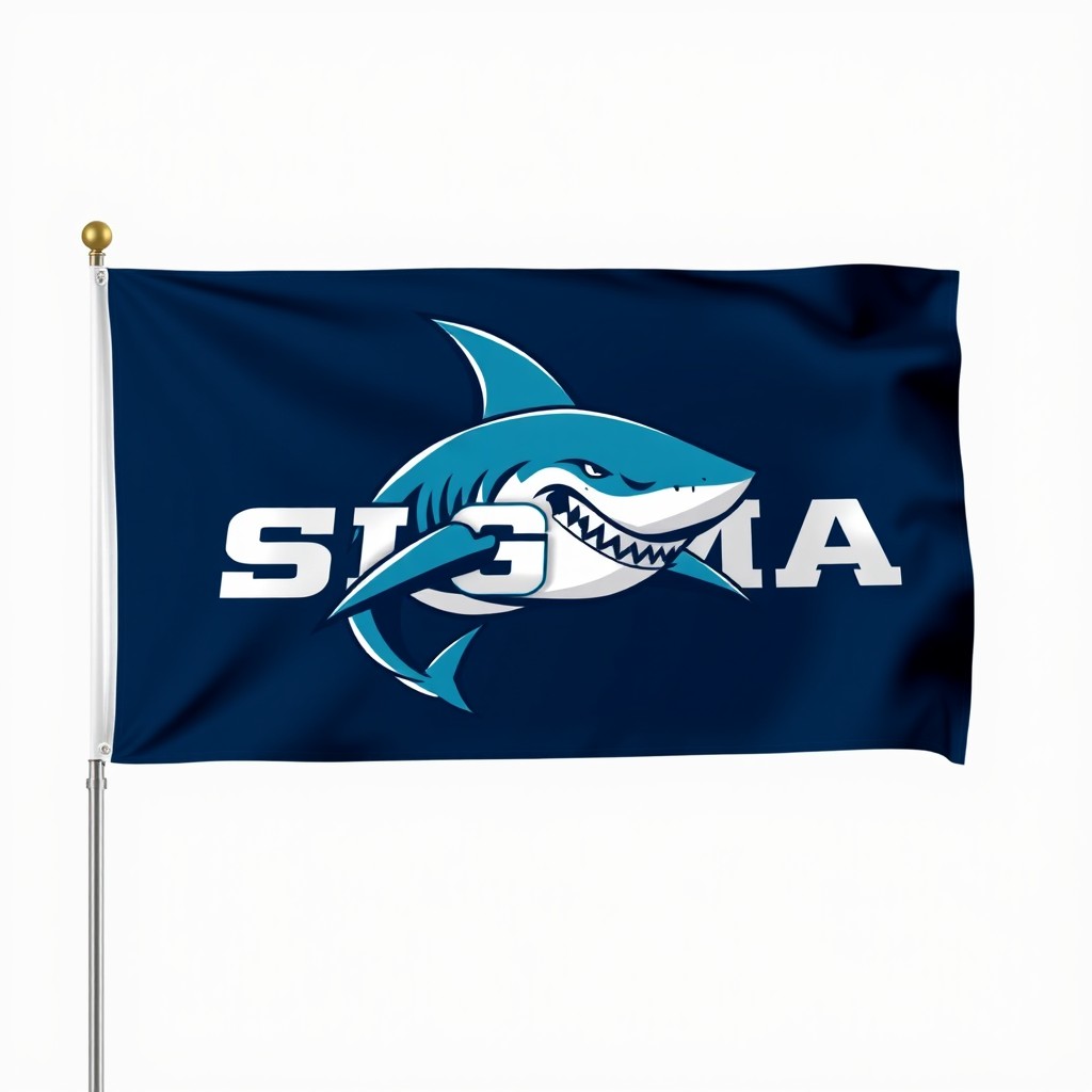 A sport house flag featuring a strong and fierce shark prominently displayed in the center, symbolizing tenacity and power
