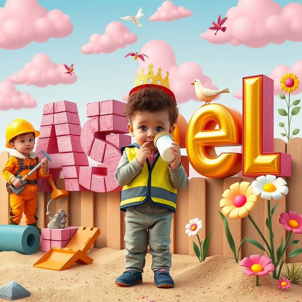 In a charming little construction site, a group of small children aged 3 to 6 years old, wearing large yellow helmets and shiny orange construction suits, are at work