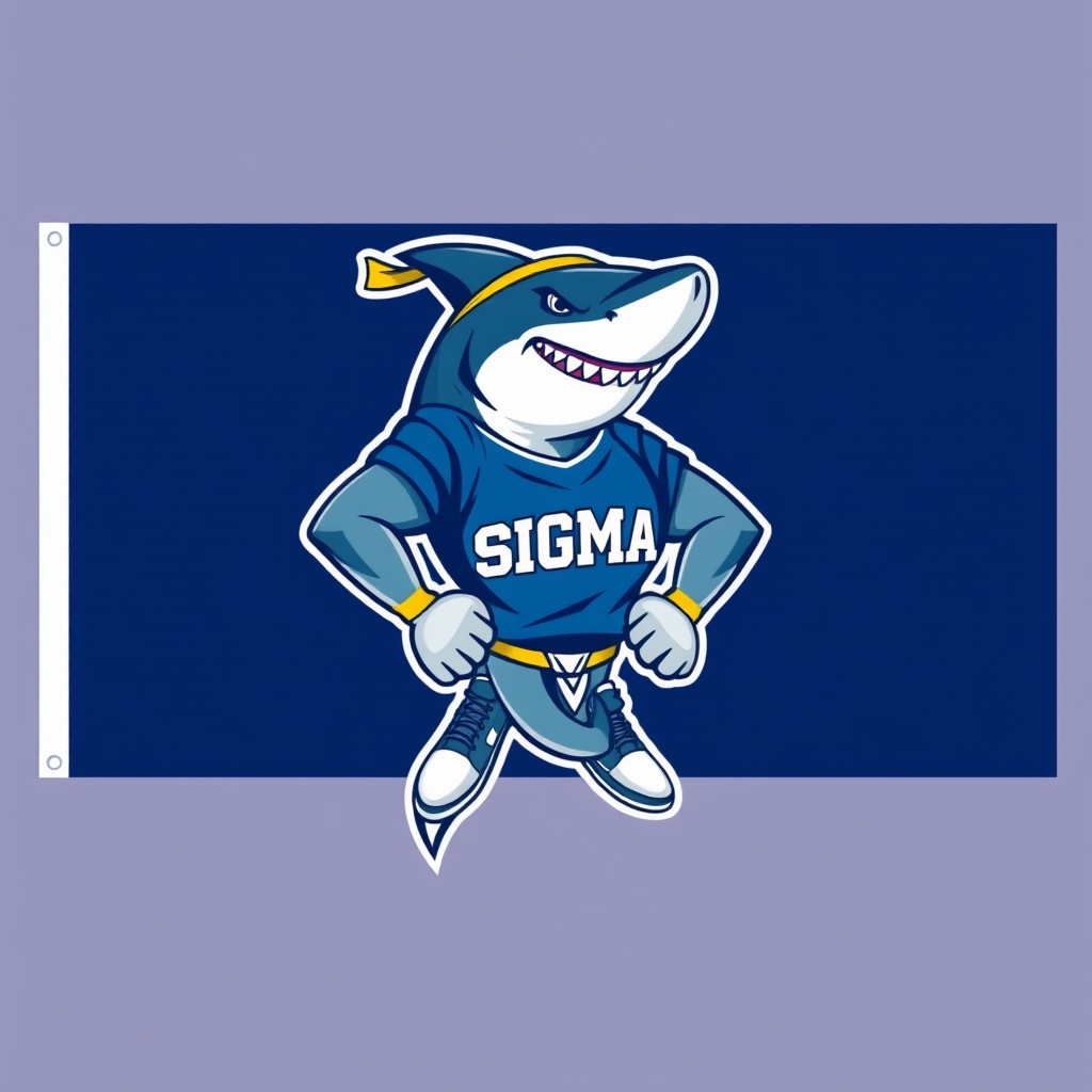 A sport house flag featuring a strong and fierce shark prominently displayed in the center