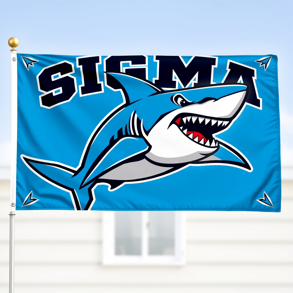 A vibrant sport house flag featuring a strong and fierce shark prominently displayed at the center, symbolizing strength and determination