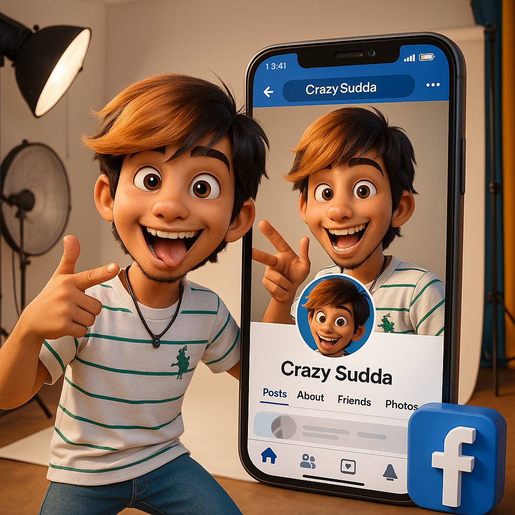 Young  character, Pixar/Disney 3D style, striking a fun dynamic pose, standing next to a giant smartphone displaying facebbook profile 'Crazy Sudda, with a 3D facebook  logo at the bottom corner. Canon T5i camera on tripod recording him. Photography studio background, off-white, with softboxes, reflectors, and backdrops. Soft cinematic lighting, vibrant and playful atmosphere, ultra-detailed, colorful, highly expressive