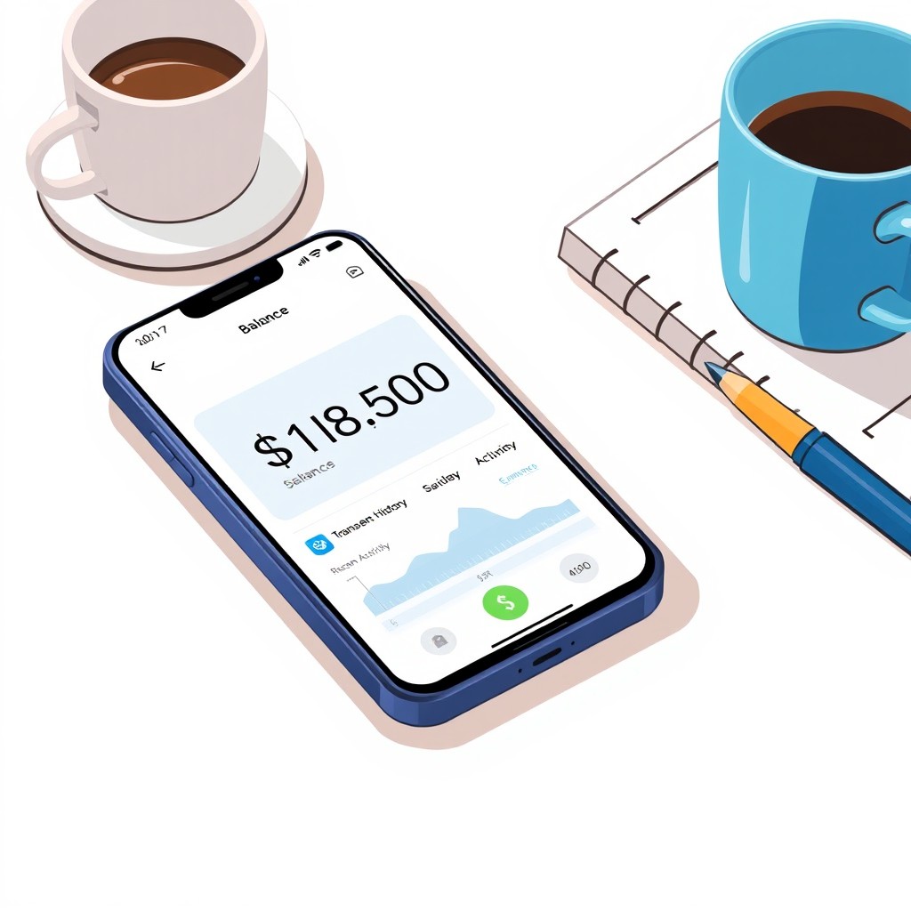 An illustration of a digital banking app interface displaying a balance of $18,500