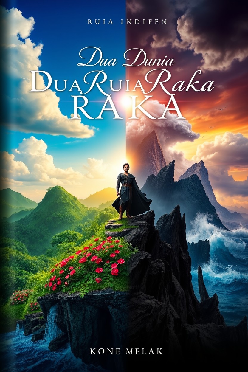 A captivating book cover design for the novel titled 'Dua Dunia Raka'