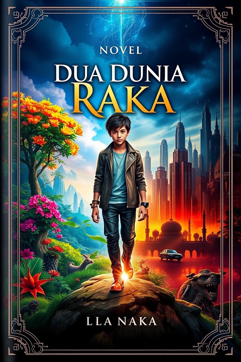 A captivating book cover design for the novel 'Dua Dunia Raka'
