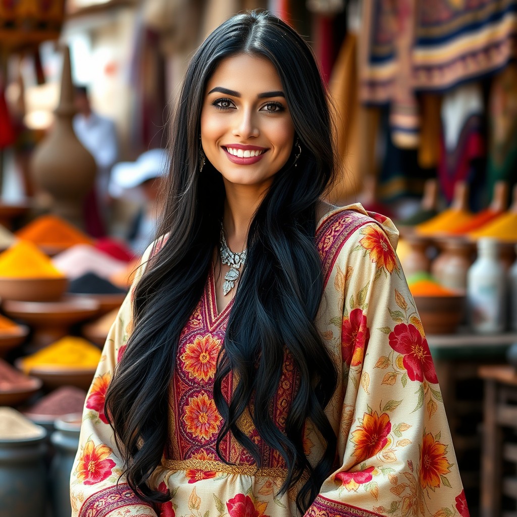 A beautiful Arab woman dressed in a traditional colorful abaya, with intricate floral patterns