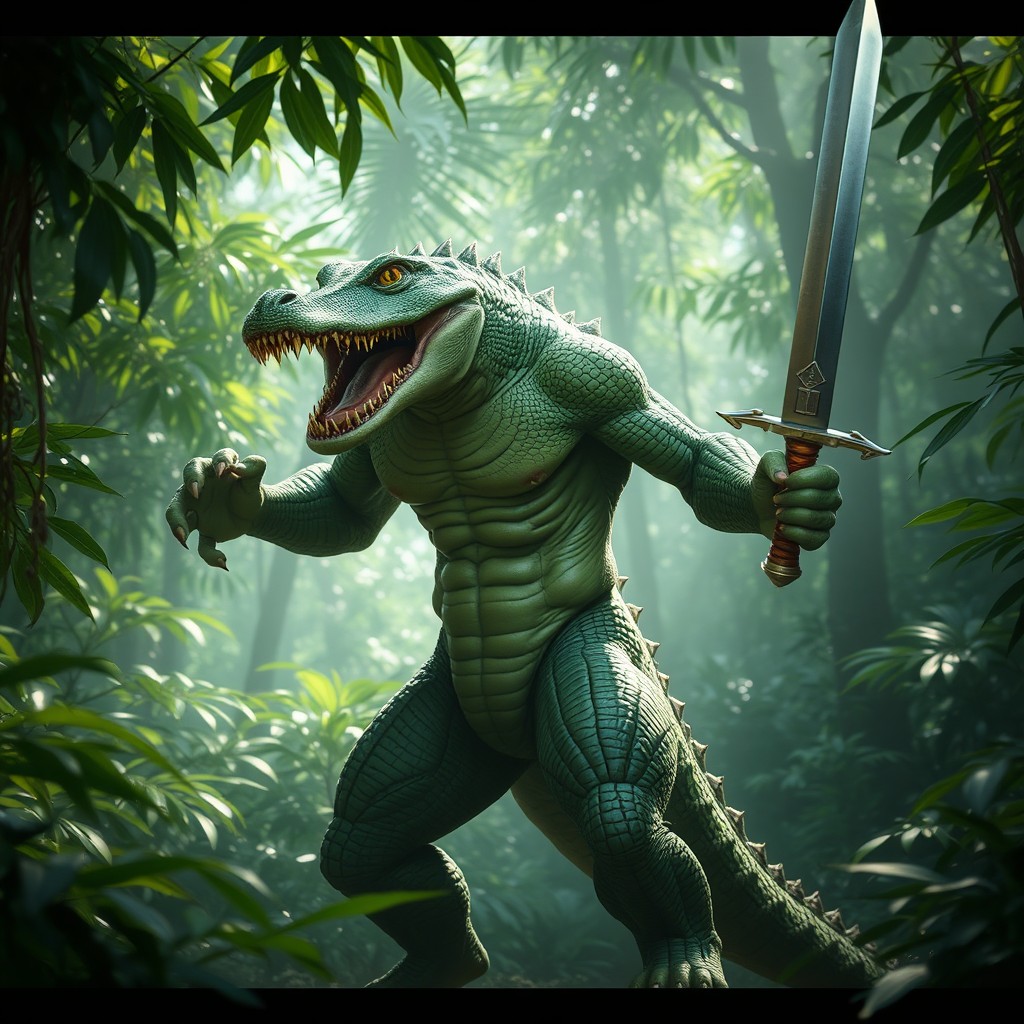 A surreal creature that is a hybrid of a human and a crocodile, standing tall and menacing