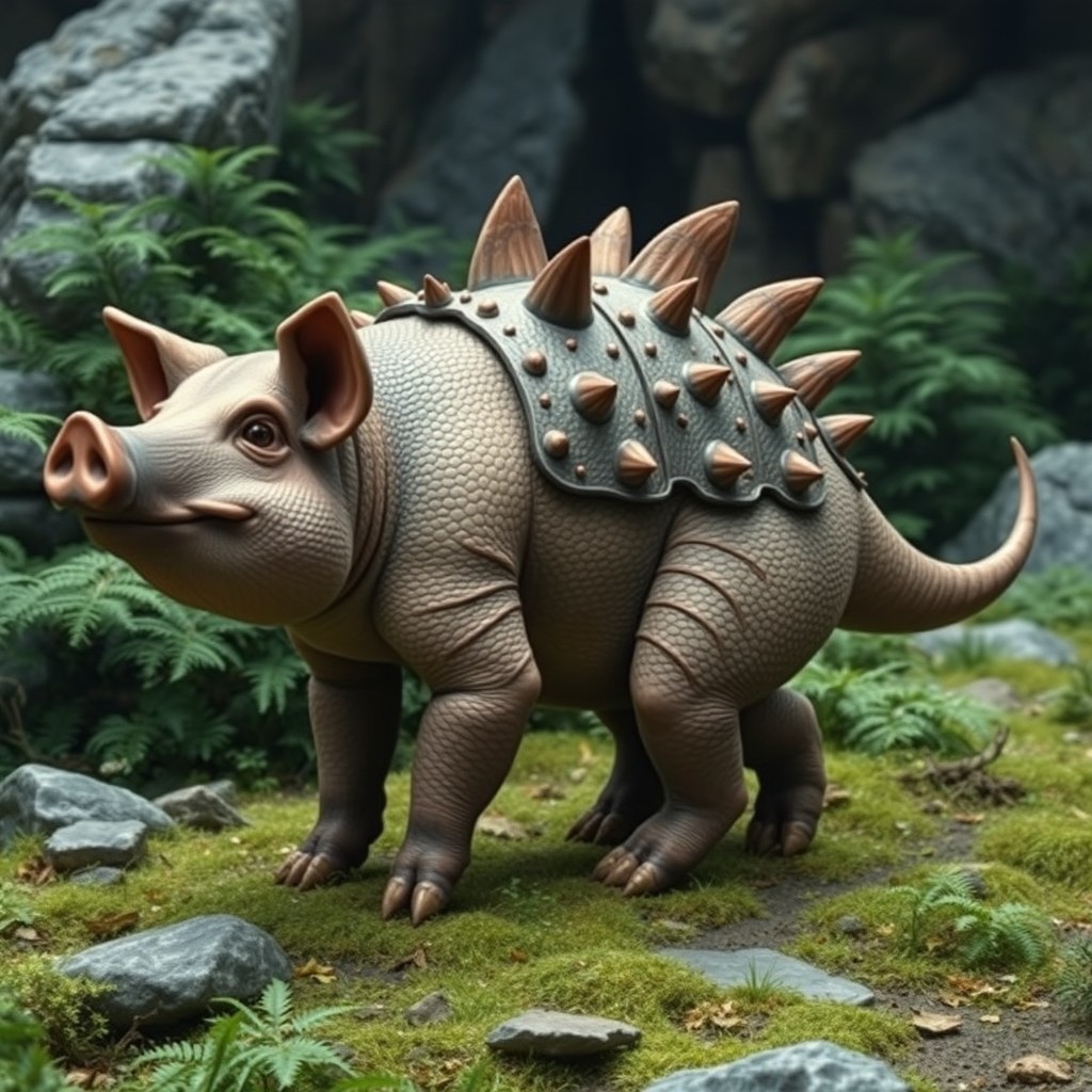 A unique hybrid creature showcasing traits of a pig and an ankylosaurus