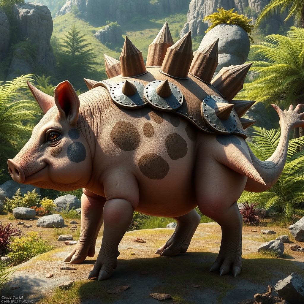 A unique and imaginative hybrid creature that combines the physical traits of a pig and an ankylosaurus