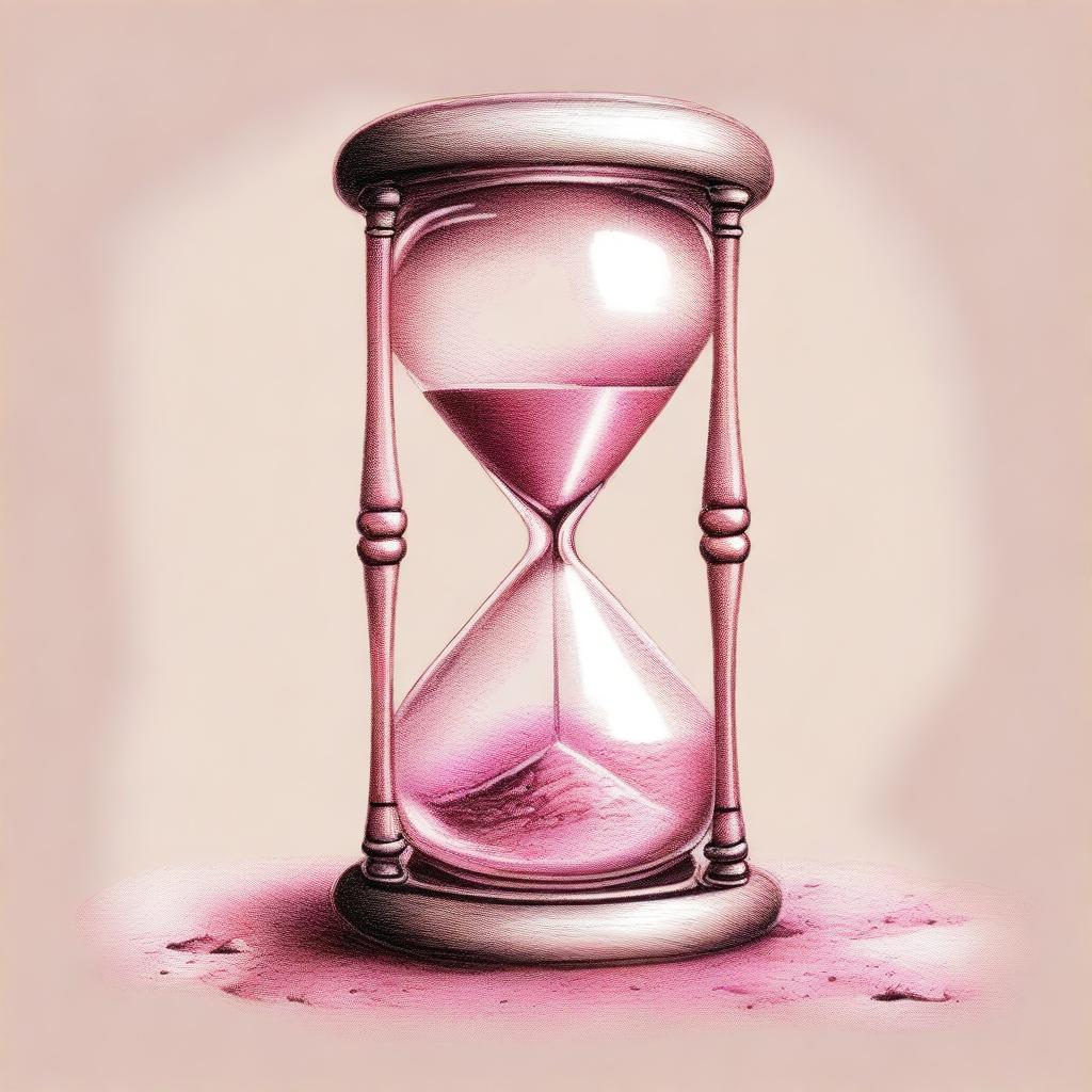 An intriguing pink pencil drawing of an hourglass, rendered with high precision and quality