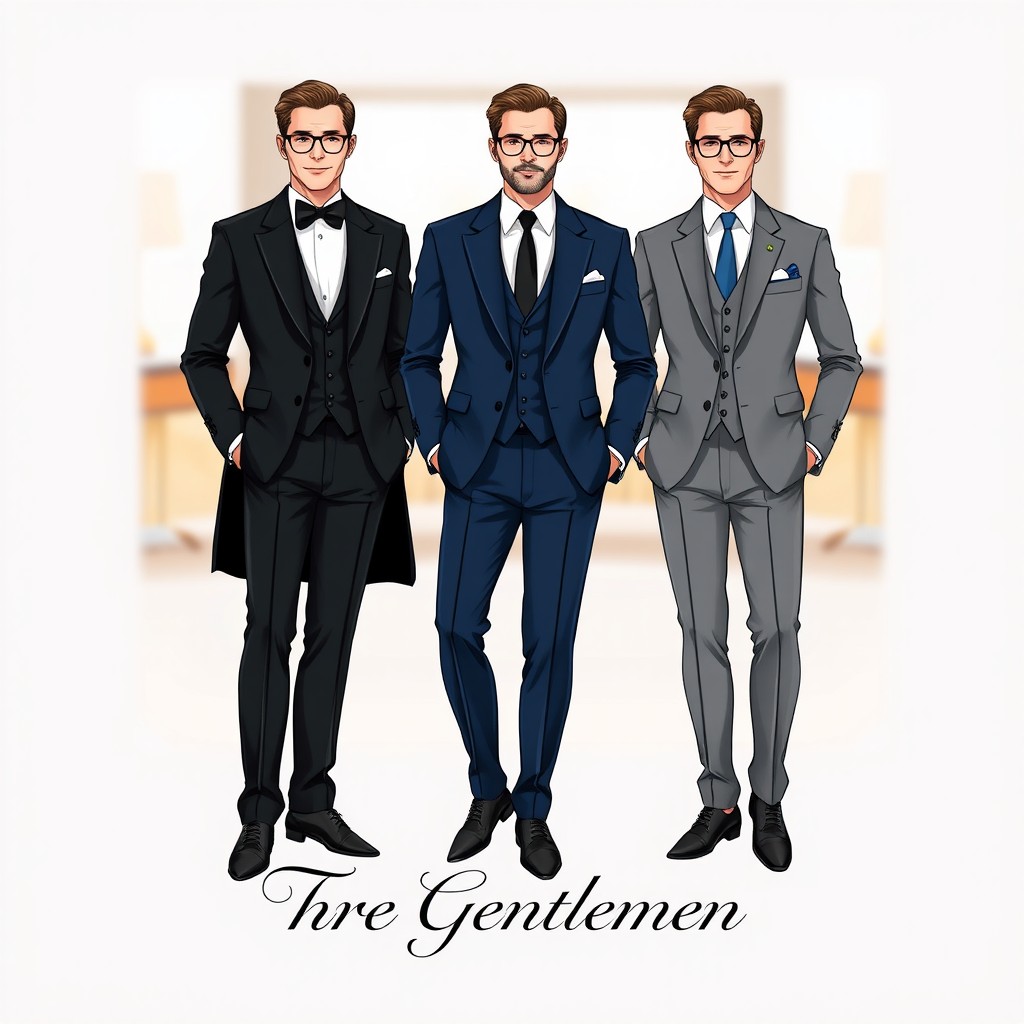 A refined and sophisticated illustration featuring three gentlemen in elegant suits, showcasing a variety of styles such as a classic black tuxedo, a navy blue suit with a tie, and a light grey suit with a pocket square
