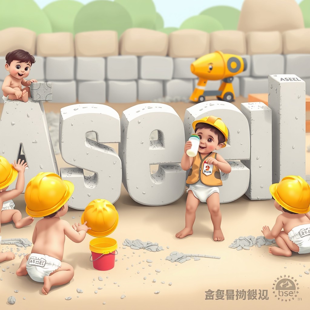 In a charmingly cartoonish construction site, a group of very young children—perhaps one year old or even younger—wear only white diapers with large yellow construction hats on their tiny heads