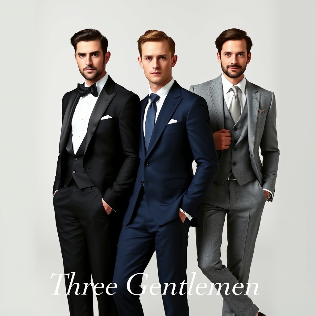 A square image featuring three sophisticated men, each dressed in elegant suits