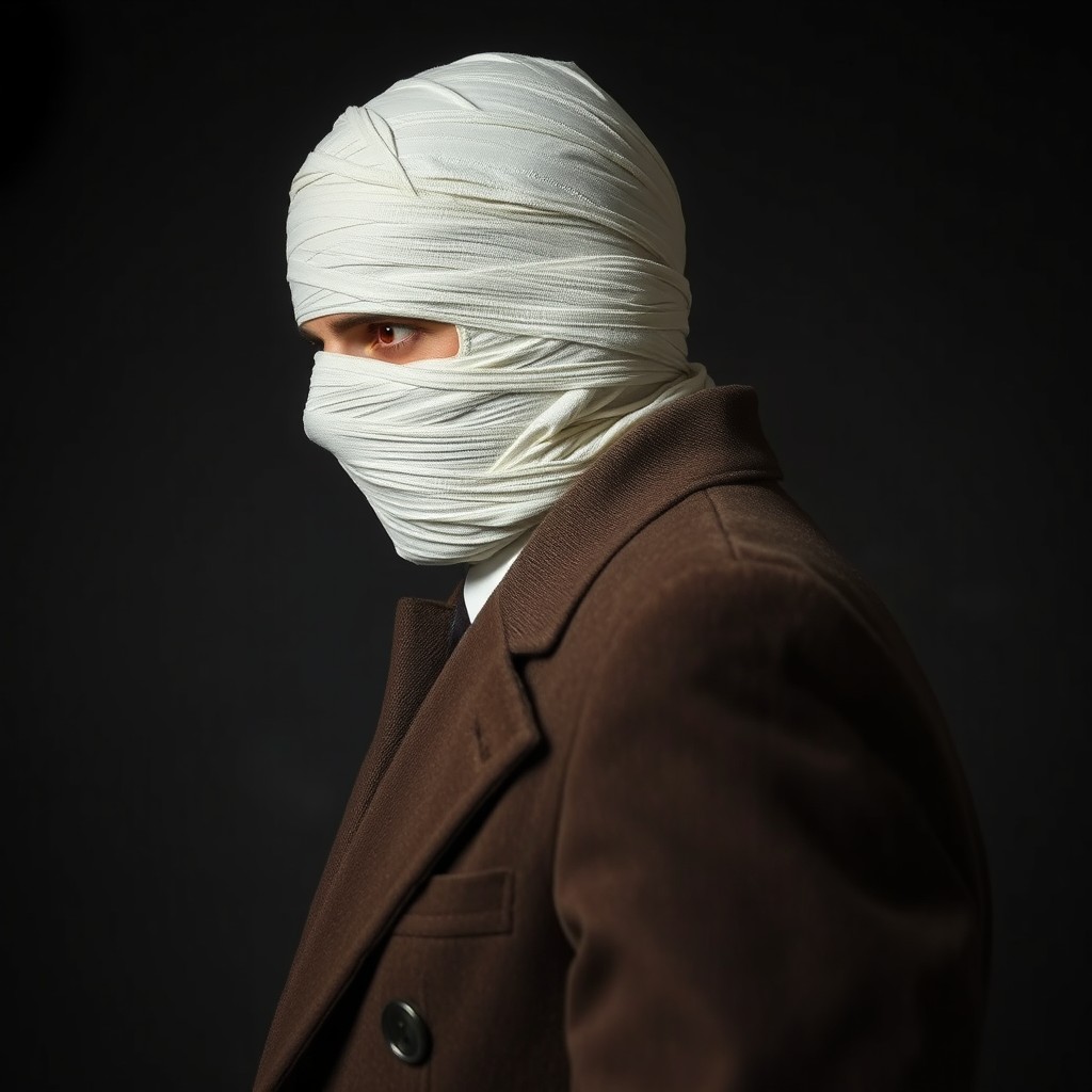 A man dressed in a stylish mafia coat, standing in a side profile pose, completely wrapped in bandages around his head except for one eye, which is visible and is a striking red color