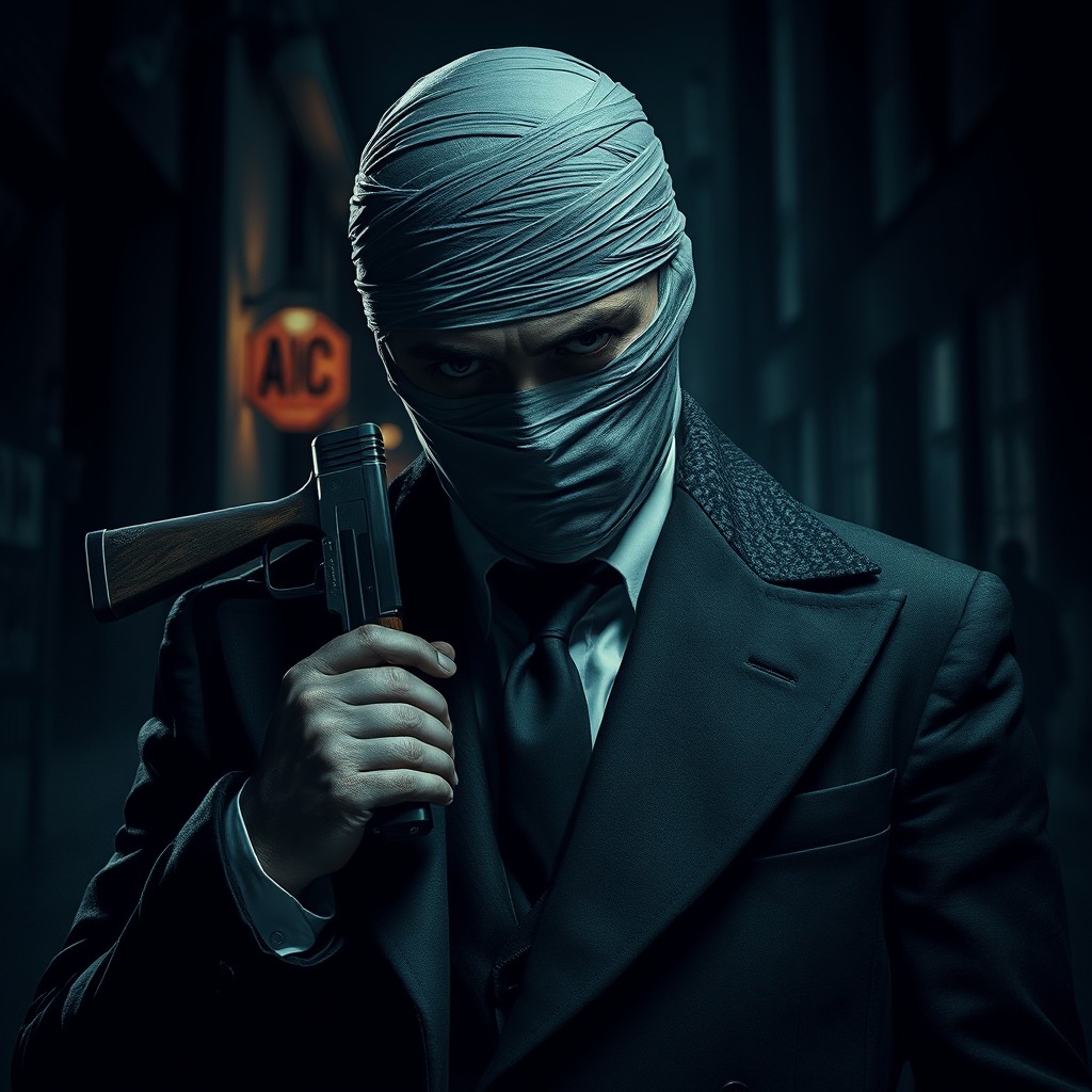 A mysterious mafia man dressed in an elegant mafia coat, his entire head is wrapped in bandages except for one eye, which is gray and intense
