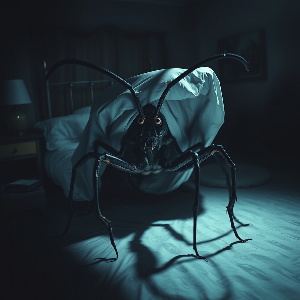 In a dark, eerie bedroom, a large, grotesque insect with multiple legs is emerging from beneath a sheet, showcasing its terrifying form