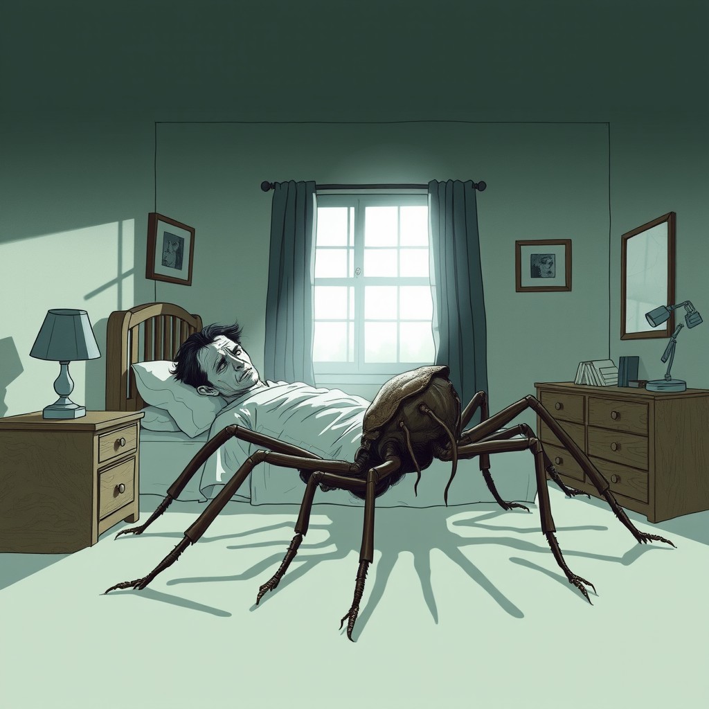 A surreal scene depicting a character waking up in bed to find himself transformed into a large insect, reminiscent of the classic Kafkaesque theme