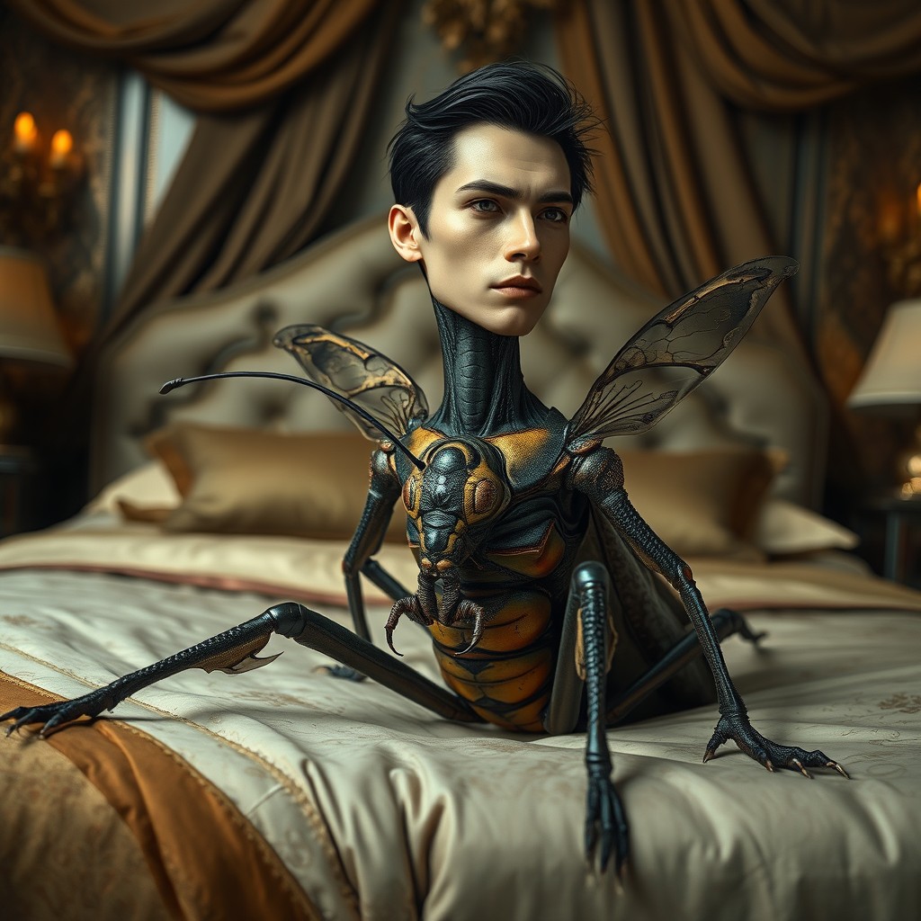A surreal creature with an insect body and a human male head, sitting on a luxurious bed