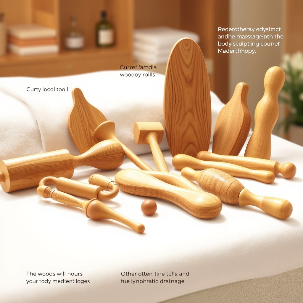 A detailed illustration of various Maderotherapy instruments, including a wooden massage roller, curved wooden boards, and other therapeutic wooden tools used in body sculpting and lymphatic drainage, displayed on a clean surface
