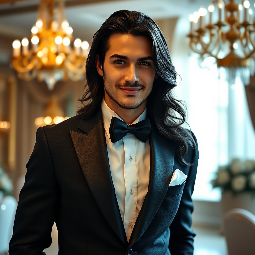 A dapper man wearing a classic black tuxedo, featuring a crisp white shirt and a stylish bow tie