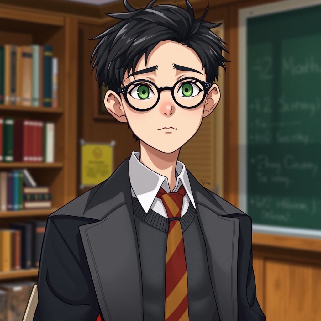 A tall, slender student aged 15-18 with messy short black hair and bright almond-shaped green eyes
