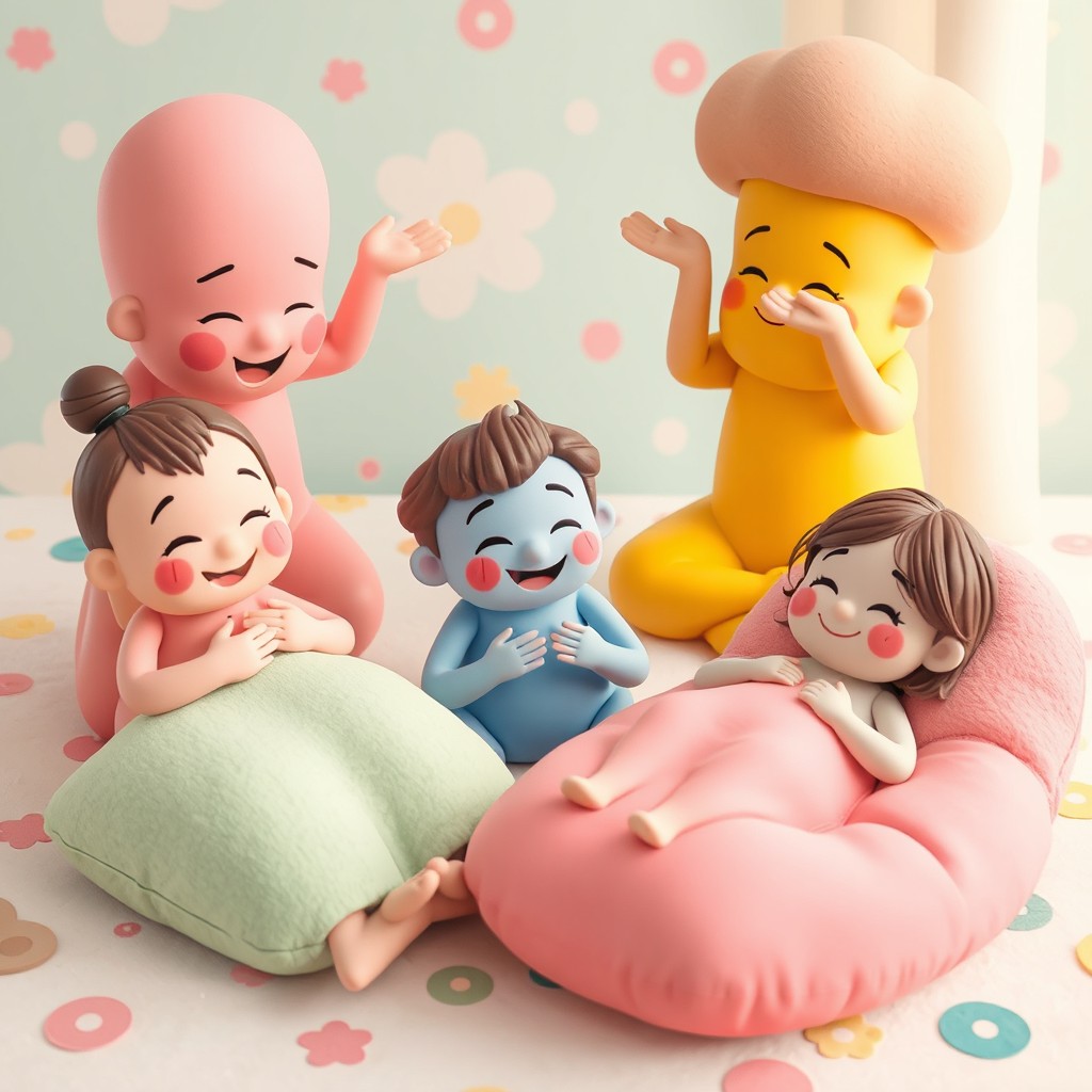 A whimsical and colorful scene featuring adorable, cartoonish woobly life figures, each with exaggerated, soft shapes, engaged in a delightful massage session
