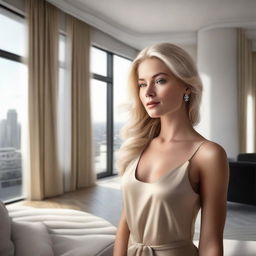 A photorealistic portrayal of a stunning blonde woman in a luxurious modern apartment.