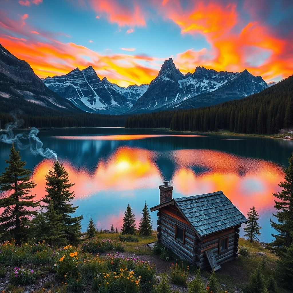A majestic mountain landscape during sunrise, with vibrant colors illuminating the sky