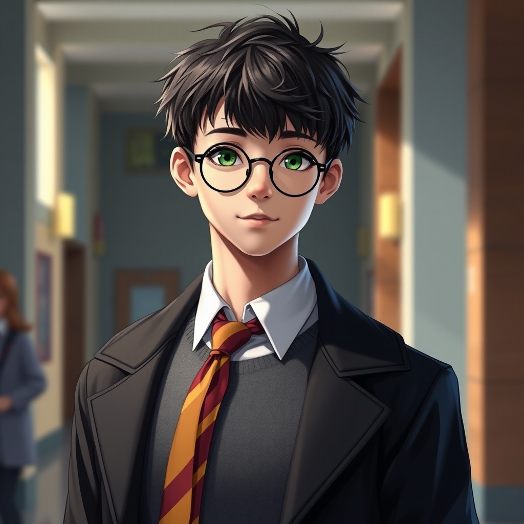A realistic representation of a 15-year-old male student, with messy short black hair and bright almond-shaped green eyes