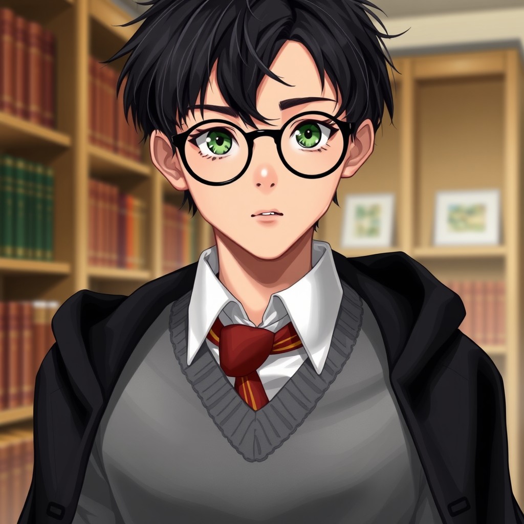 A realistic depiction of a 15-year-old male student with messy short black hair and bright almond-shaped green eyes