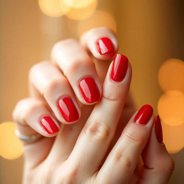 A close-up view of beautifully manicured fingernails painted in a vibrant red color